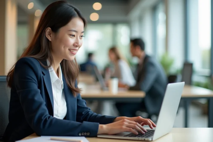 Une jeune professionnelle accède au portail Alis BNP Paribas sur son ordinateur portable dans un bureau moderne