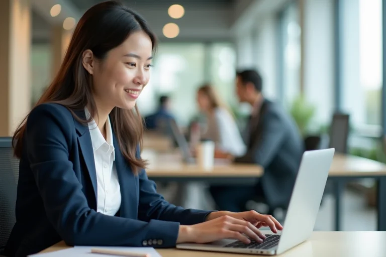 Une jeune professionnelle accède au portail Alis BNP Paribas sur son ordinateur portable dans un bureau moderne