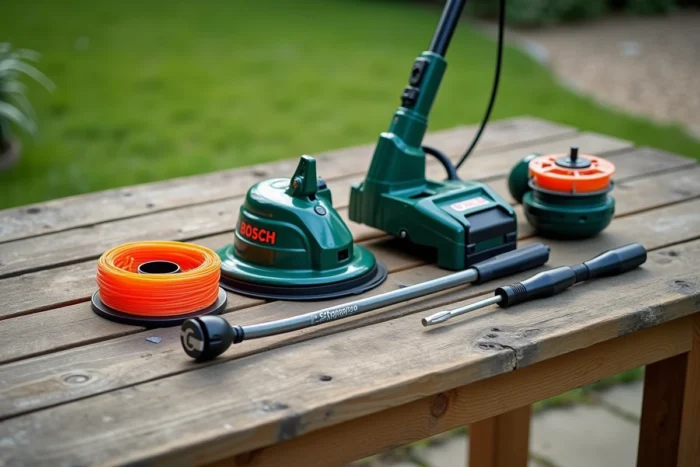 Vue à plat des accessoires nécessaires pour changer le fil d'un coupe-bordure Bosch