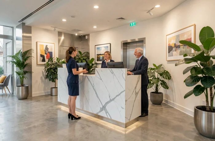 Accueil d'une clinique privée en Belgique avec personnel soignant et espace moderne