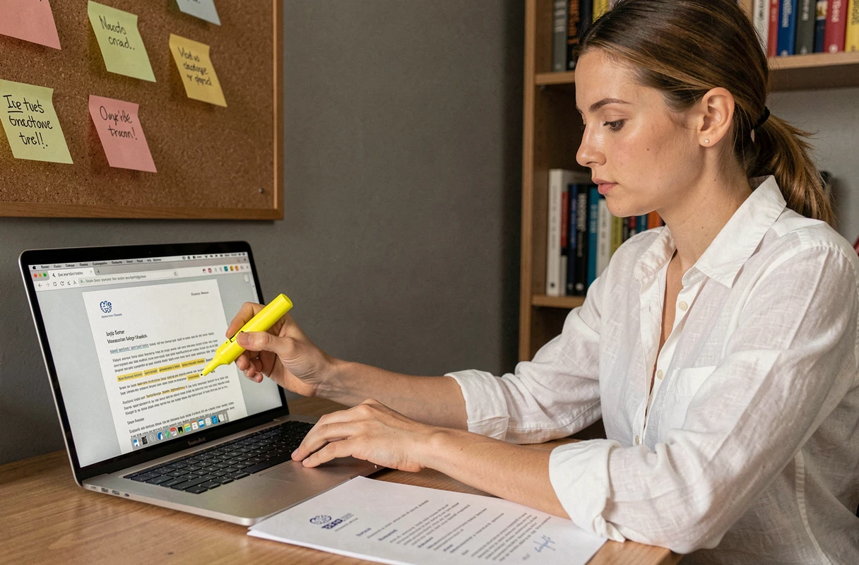Femme adaptant sa lettre de motivation en reprenant le vocabulaire exact extrait d'une offre d'emploi imprimée