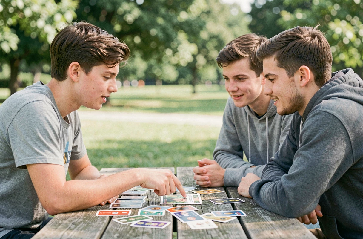 Un adolescent explique les règles du jeu de cartes Kems à ses amis autour d'une table dans un parc