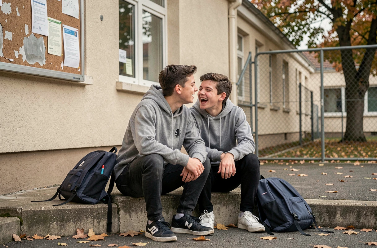 Deux adolescents devant un lycée français qui rient et se chuchotent des mots à l'oreille, illustrant l'utilisation du terme pecno dans le langage familier des jeunes