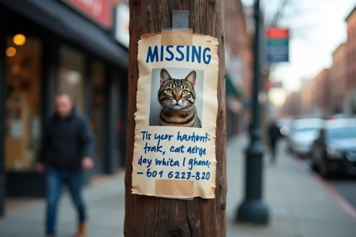 Affiche de chat disparu collée sur un poteau en bois dans une rue urbaine