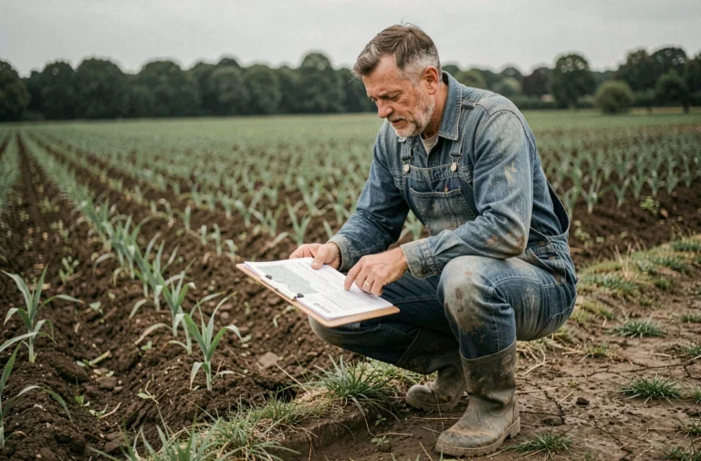 Agriculteur examinant des documents cadastraux sur une parcelle agricole pour déterminer la surface minimale de cotisation MSA