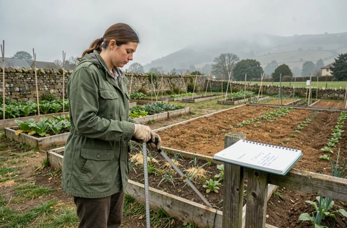 Jeune agricultrice mesurant la superficie de sa parcelle maraîchère pour vérifier le seuil minimum de cotisation MSA