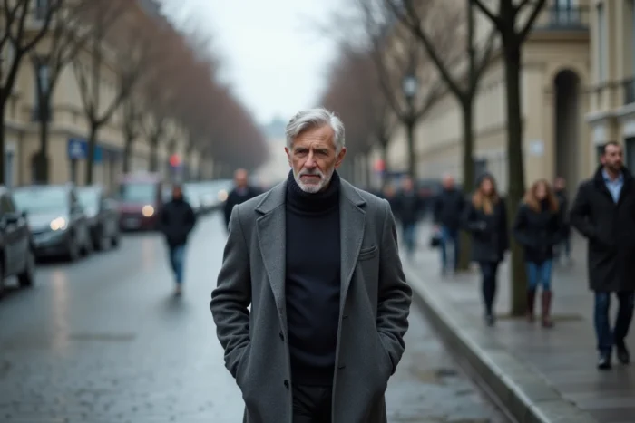 Homme marchant seul sur un boulevard parisien, évoquant la convalescence et la fragilité de santé d'Alain Bauer
