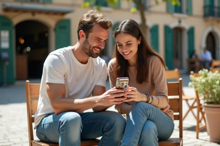 Deux amis consultant une plateforme vidéo sur smartphone dans un café de province française