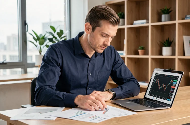 Homme analysant des graphiques boursiers et des rapports financiers sur un bureau en bois dans un bureau à domicile moderne
