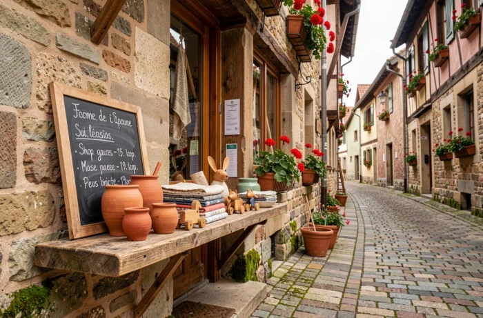 Devanture d'un atelier artisanal local à La Petite Pierre avec produits régionaux exposés en vitrine