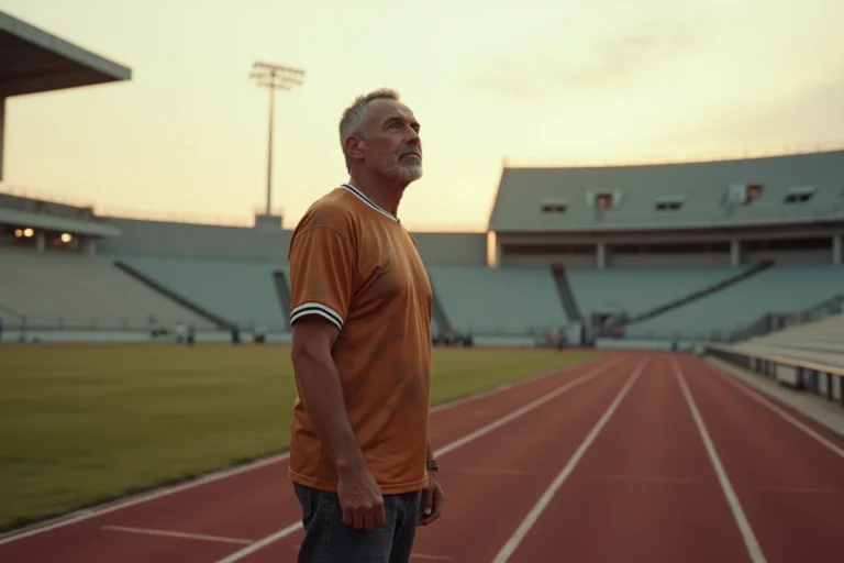 Athlète vétéran sur une piste de stade vide au crépuscule, évoquant les grandes figures emblématiques du sport