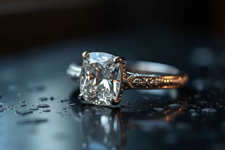 Bague diamant solitaire extraordinaire posée sur marbre noir, reflétant des éclats prismatiques, détail macro ultra-réaliste