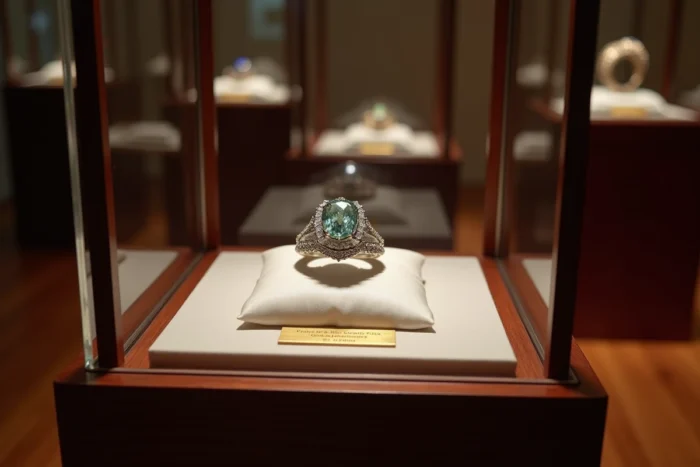 Bague légendaire exposée dans une vitrine de musée de joaillerie, présentoir élégant en soie blanche avec plaque historique