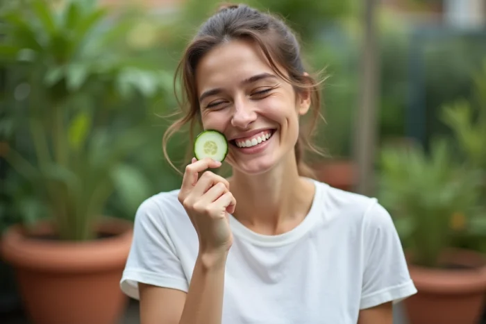 Jeune femme au teint lumineux appliquant un concombre sur la joue dans un jardin urban, souriant naturellement