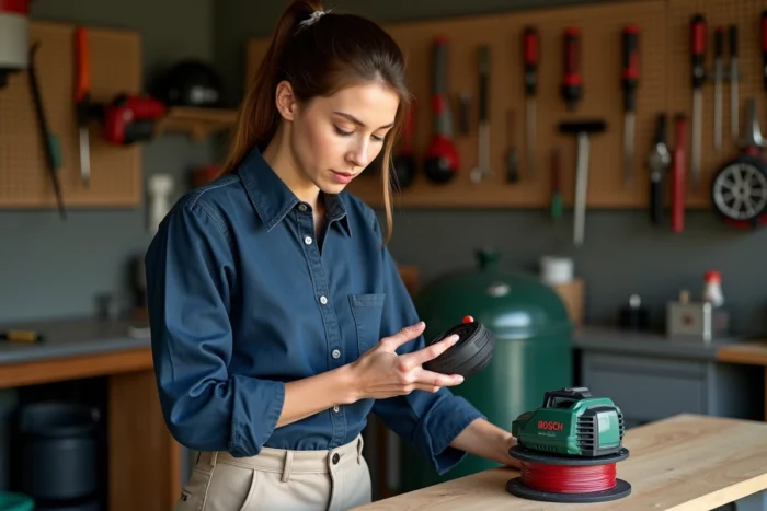 Femme inspectant la bobine de fil d'un coupe-bordure Bosch dans un garage