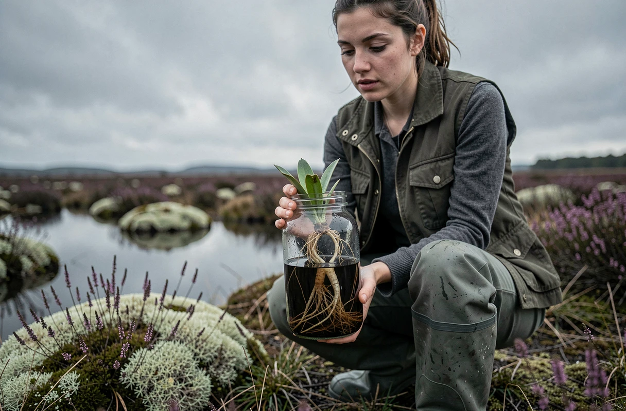 Botaniste tenant un spécimen végétal rare prélevé dans une tourbière isolée, lié aux origines mystérieuses de la bogmoule