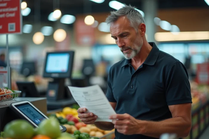 Caissier de supermarché vérifiant un chèque différé au moment du paiement en caisse