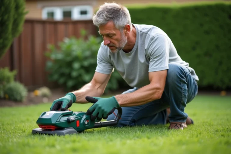 Homme changeant le fil d'un coupe-bordure Bosch dans un jardin bien entretenu