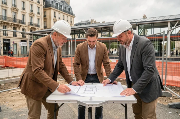 Équipe de gestionnaires de projet examinant des plans d'urbanisme sur un chantier de construction d'infrastructures publiques gérées par une société d'économie mixte