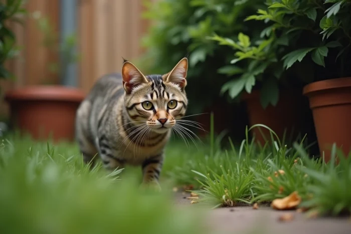 Chat tabby errant qui réapparaît sous une haie de jardin après avoir disparu