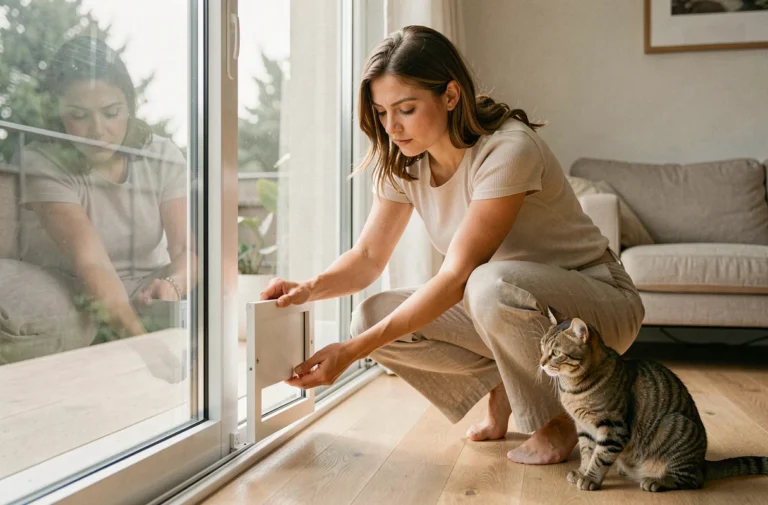Femme installant une chatière amovible sur une porte-fenêtre dans un appartement en location avec parquet clair