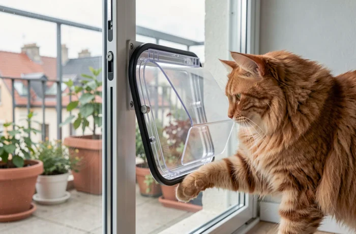 Chatière amovible transparente avec chat roux passant à travers le panneau d'une porte coulissante