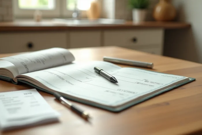 Chéquier ouvert posé sur une table avec un reçu de supermarché illustrant le paiement différé
