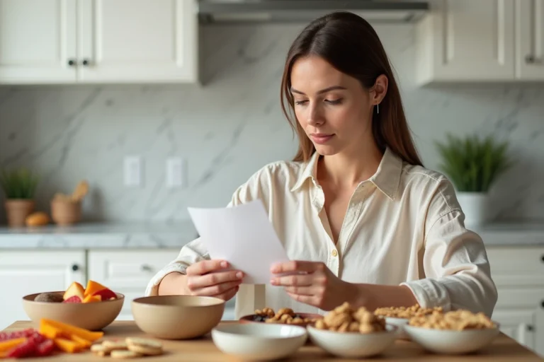 Femme choisissant des collations saines variées sur un comptoir de cuisine avec fruits, noix et crackers complets