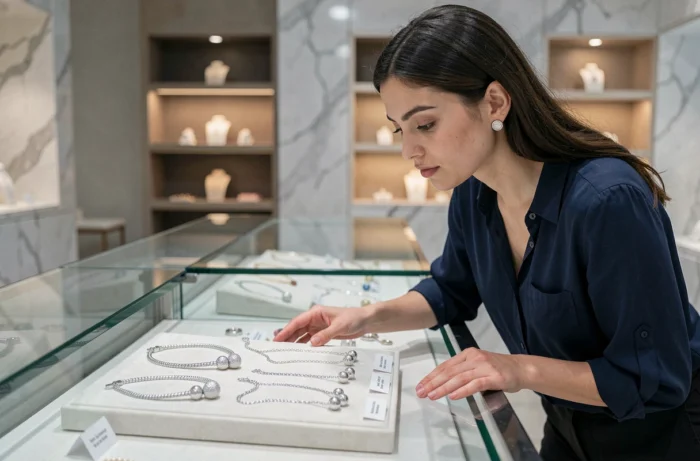 Jeune femme choisissant un bola de grossesse Pandora dans une boutique de bijoux moderne
