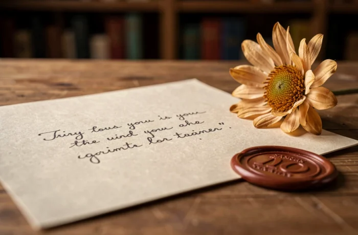Une carte manuscrite avec une courte citation inspirante, une fleur séchée et un cachet de cire sur une table en bois