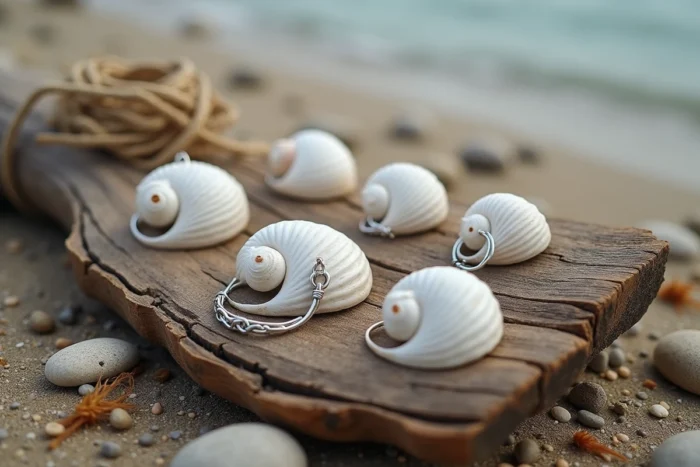 Collection d'œils de Sainte Lucie et bijoux artisanaux posés sur du bois flotté sur une plage