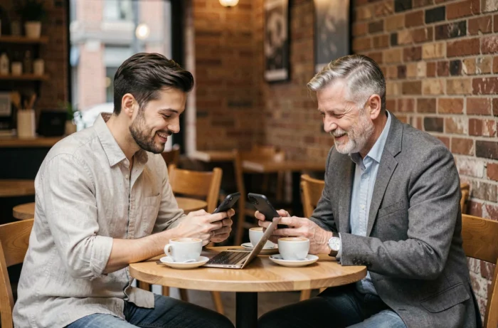 Deux collègues échangeant des messages via Luffa Messenger autour d'un café en milieu urbain