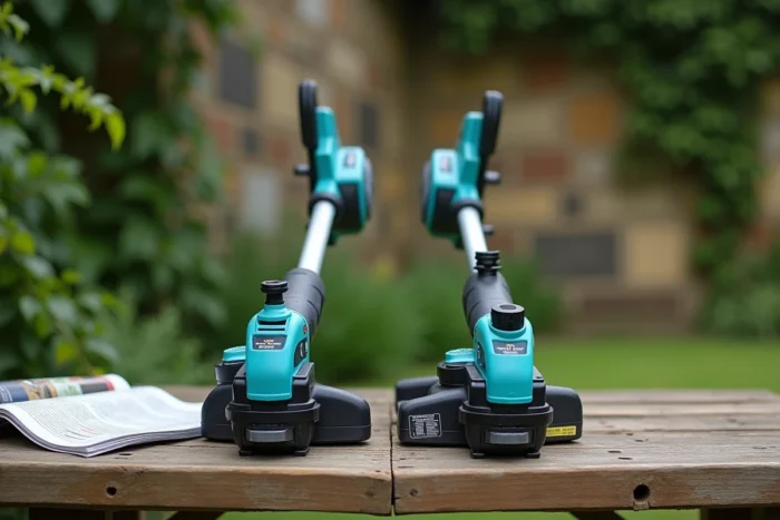 Comparaison de deux coupe-bordures électriques sans fil avec différentes puissances de batterie sur un établi de jardin