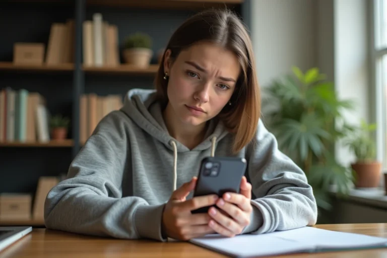 Jeune femme frustrée tenant un smartphone avec un compte Snapchat bloqué à son domicile