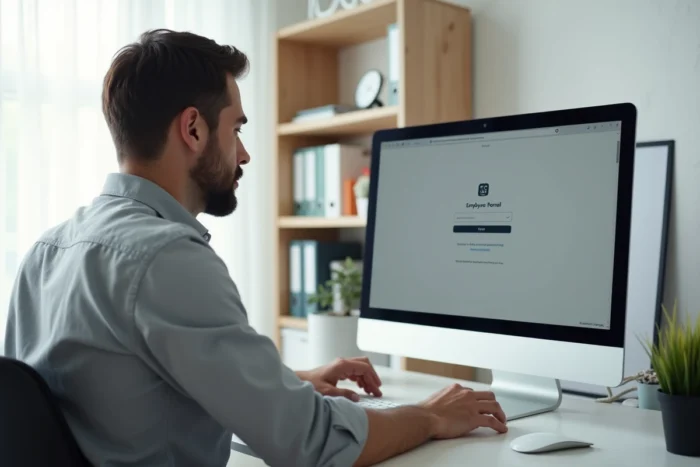 Un homme consulte le guide d'accès au portail Alis BNP Paribas depuis son bureau à domicile