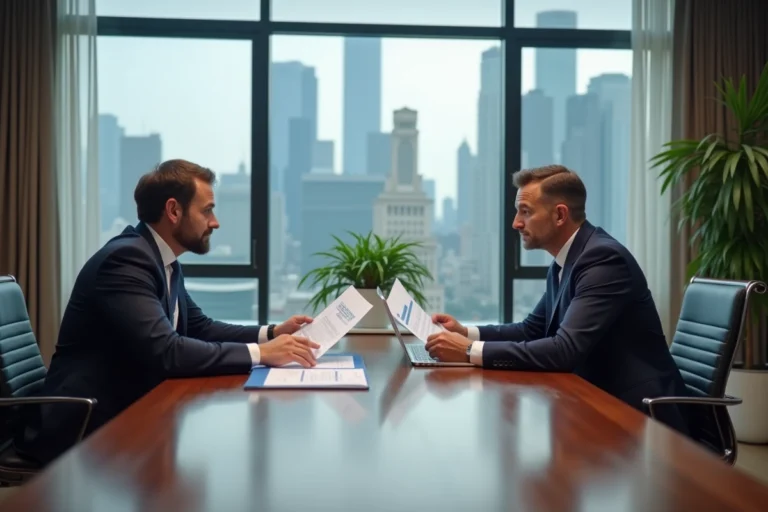 Conseiller en banque et client analysant une stratégie financière autour d'une table de conférence dans un cabinet de conseil moderne