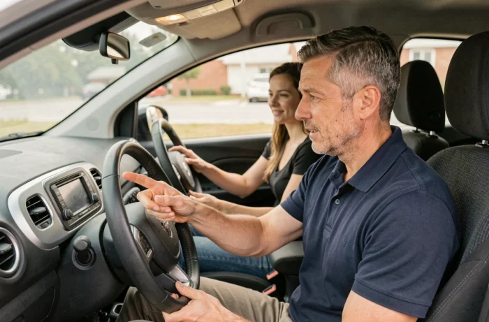 Conseiller automobile expliquant les caractéristiques d'une petite voiture 4cv à l'intérieur du véhicule