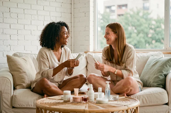 Deux jeunes femmes partageant des conseils beauté et testant des produits skincare ensemble dans un salon moderne