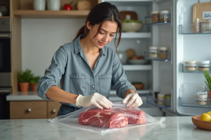 Femme emballant de la viande rouge crue dans du film alimentaire pour la conserver au réfrigérateur et prévenir les dépôts d'œufs de mouche
