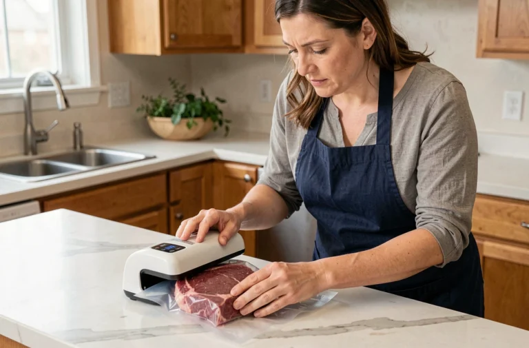 Femme utilisant une machine de mise sous vide pour conserver un rôti de bœuf dans sa cuisine moderne