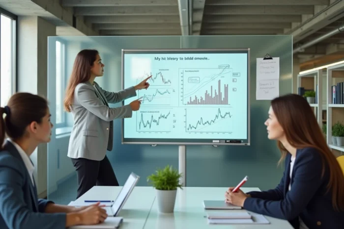 Consultante financière présentant des graphiques d'optimisation bancaire à une équipe dans un bureau de conseil