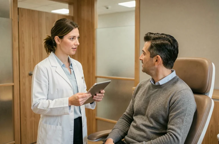 Médecin en clinique privée belge consultant un patient dans un cabinet moderne et chaleureux
