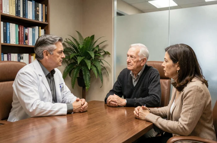 Médecin en soins palliatifs discutant du plan de soins en fin de vie avec un patient âgé et sa fille lors d'une consultation médicale