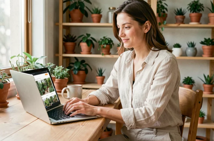 Femme consultant le site web du Jardin D'Helena sur un ordinateur portable depuis son bureau à domicile