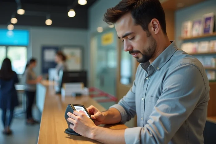 Homme utilisant un appareil de vérification UV pour contrôler l'authenticité d'une carte d'identité au guichet