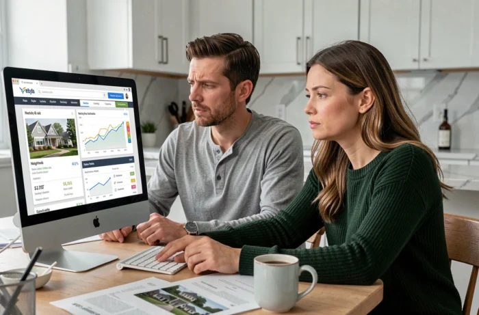 Couple comparant des estimations immobilières en ligne sur plusieurs plateformes depuis leur cuisine