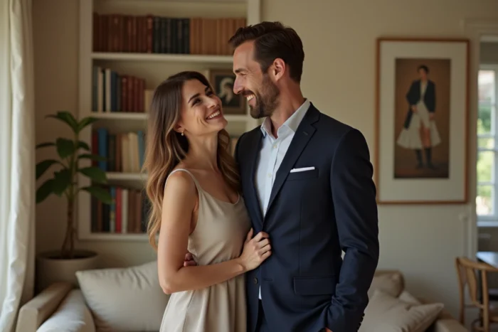 Couple élégant dans un appartement parisien chaleureux, évoquant la vie privée et l'intimité conjugale