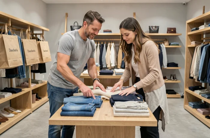 Couple examinant de nouvelles collections de vêtements sur une table dans un magasin moderne à Dancharia