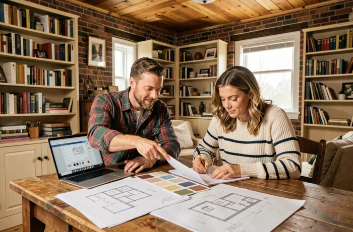 Couple planifiant des travaux de rénovation à domicile avec un outil digital sur ordinateur portable entouré de plans et d'échantillons de peinture