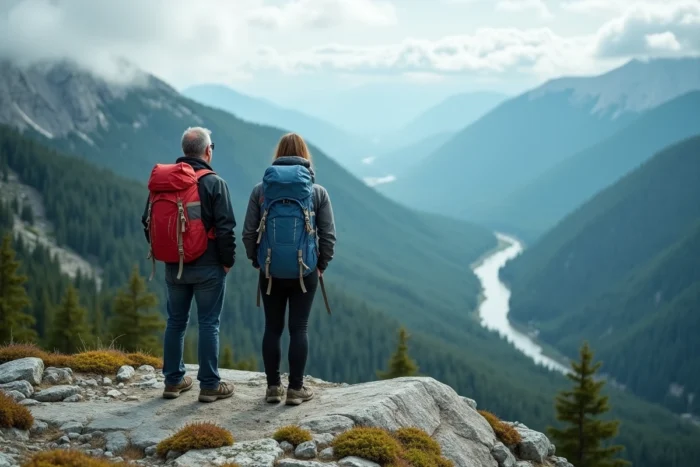 Couple de randonneurs admirant un panorama de vallée montagneuse depuis un belvédère rocheux